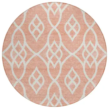 8' Salmon And Ivory Round Trellis Washable Indoor Outdoor Area Rug