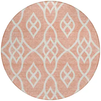 8' Salmon And Ivory Round Trellis Washable Indoor Outdoor Area Rug