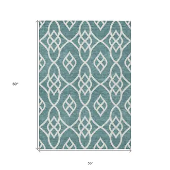 3' X 5' Teal Blue And Ivory Trellis Washable Indoor Outdoor Area Rug