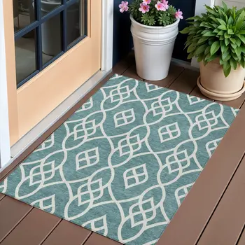 3' X 5' Teal Blue And Ivory Trellis Washable Indoor Outdoor Area Rug