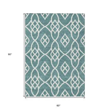 5' X 8' Teal Blue And Ivory Trellis Washable Indoor Outdoor Area Rug