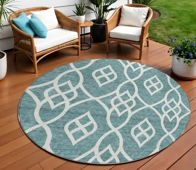 8' Teal Blue And Ivory Round Trellis Washable Indoor Outdoor Area Rug