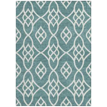 8' X 10' Teal Blue And Ivory Trellis Washable Indoor Outdoor Area Rug