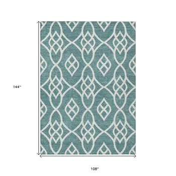 9' X 12' Teal Blue And Ivory Trellis Washable Indoor Outdoor Area Rug