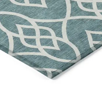 9' X 12' Teal Blue And Ivory Trellis Washable Indoor Outdoor Area Rug