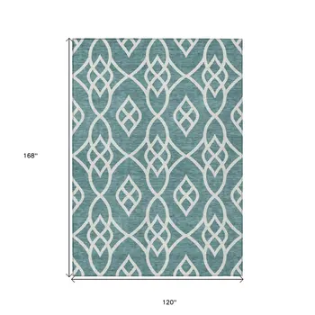 10' X 14' Teal Blue And Ivory Trellis Washable Indoor Outdoor Area Rug