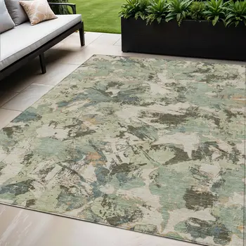 5' X 8' Beige Brown And Green Floral Washable Indoor Outdoor Area Rug