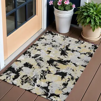 3' X 5' Black Gray And Light Brown Floral Washable Indoor Outdoor Area Rug