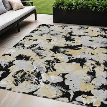 5' X 8' Black Gray And Light Brown Floral Washable Indoor Outdoor Area Rug