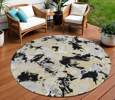 8' Black Gray And Light Brown Round Floral Washable Indoor Outdoor Area Rug