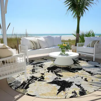 8' Black Gray And Light Brown Round Floral Washable Indoor Outdoor Area Rug