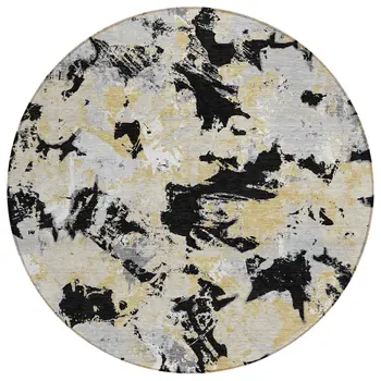 8' Black Gray And Light Brown Round Floral Washable Indoor Outdoor Area Rug