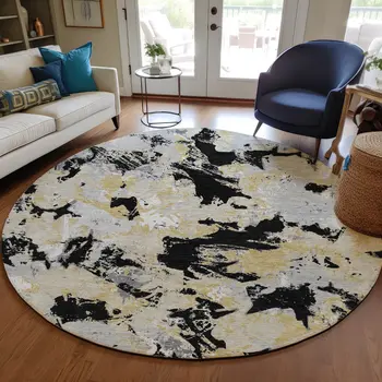 8' Black Gray And Light Brown Round Floral Washable Indoor Outdoor Area Rug
