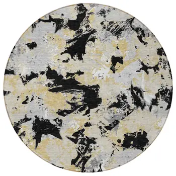 8' Black Gray And Light Brown Round Floral Washable Indoor Outdoor Area Rug