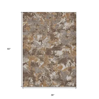 3' X 5' Brown Beige And Gray Floral Washable Indoor Outdoor Area Rug