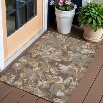 3' X 5' Brown Beige And Gray Floral Washable Indoor Outdoor Area Rug
