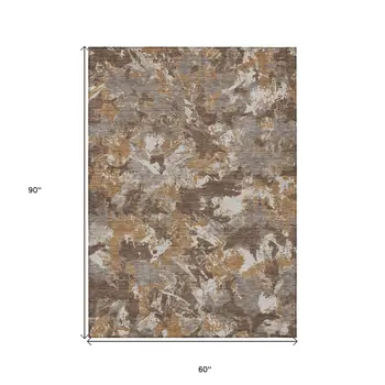 5' X 8' Brown Beige And Gray Floral Washable Indoor Outdoor Area Rug