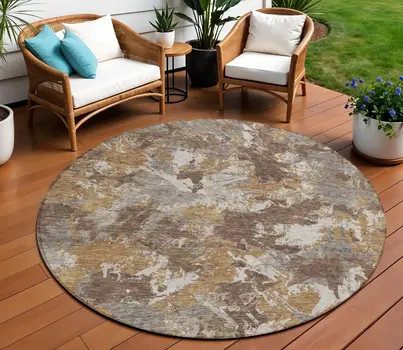 8' Brown Beige And Gray Round Floral Washable Indoor Outdoor Area Rug
