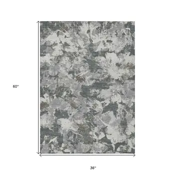 3' X 5' Charcoal Ivory And Gray Floral Washable Indoor Outdoor Area Rug