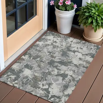 3' X 5' Charcoal Ivory And Gray Floral Washable Indoor Outdoor Area Rug