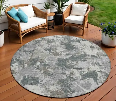 8' Charcoal Ivory And Gray Round Floral Washable Indoor Outdoor Area Rug