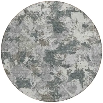 8' Charcoal Ivory And Gray Round Floral Washable Indoor Outdoor Area Rug
