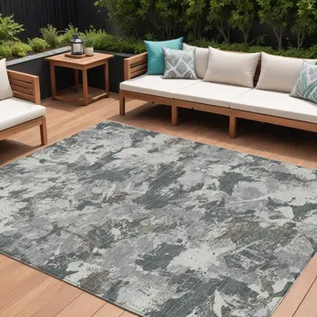 8' X 10' Charcoal Ivory And Gray Floral Washable Indoor Outdoor Area Rug