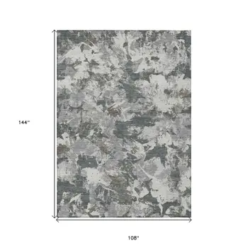 9' X 12' Charcoal Ivory And Gray Floral Washable Indoor Outdoor Area Rug
