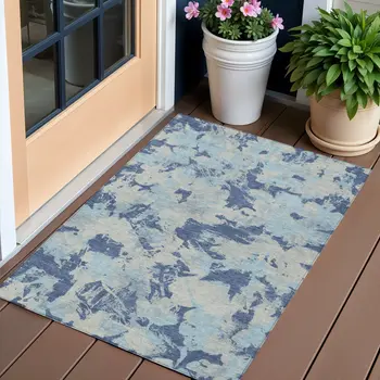 3' X 5' Navy Blue Gray And Aqua Floral Washable Indoor Outdoor Area Rug