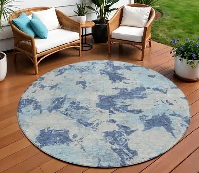 8' Navy Blue Gray And Aqua Round Floral Washable Indoor Outdoor Area Rug