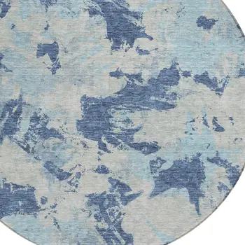 8' Navy Blue Gray And Aqua Round Floral Washable Indoor Outdoor Area Rug