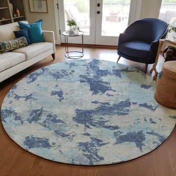 8' Navy Blue Gray And Aqua Round Floral Washable Indoor Outdoor Area Rug