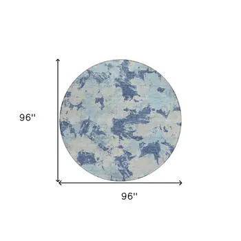 8' Navy Blue Gray And Aqua Round Floral Washable Indoor Outdoor Area Rug