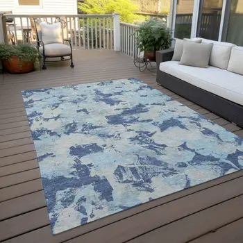 9' X 12' Navy Blue Gray And Aqua Floral Washable Indoor Outdoor Area Rug