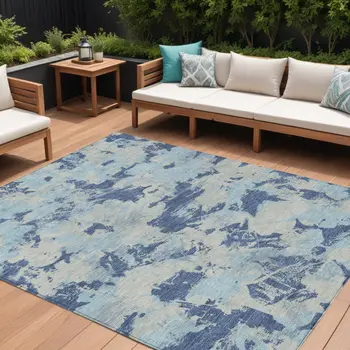 10' X 14' Navy Blue Gray And Aqua Floral Washable Indoor Outdoor Area Rug
