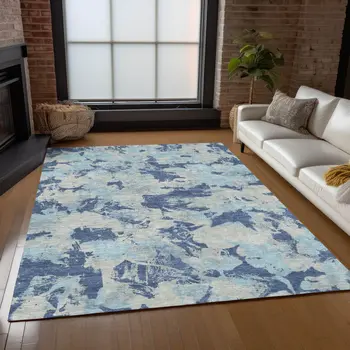 10' X 14' Navy Blue Gray And Aqua Floral Washable Indoor Outdoor Area Rug