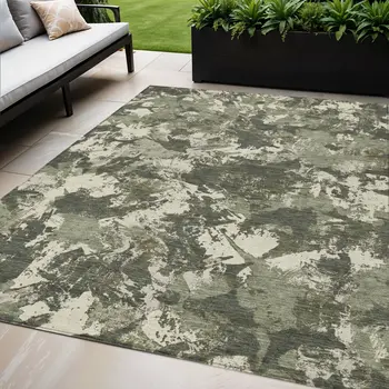 5' X 8' Olive Green And Ivory Floral Washable Indoor Outdoor Area Rug