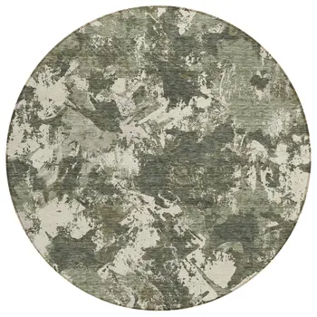 8' Olive Green And Ivory Round Floral Washable Indoor Outdoor Area Rug