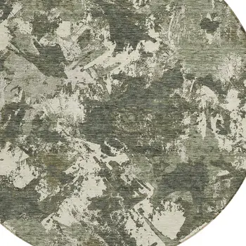 8' Olive Green And Ivory Round Floral Washable Indoor Outdoor Area Rug