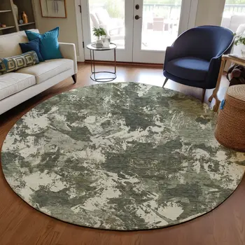 8' Olive Green And Ivory Round Floral Washable Indoor Outdoor Area Rug