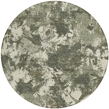 8' Olive Green And Ivory Round Floral Washable Indoor Outdoor Area Rug
