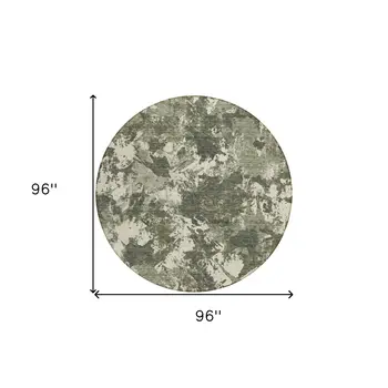 8' Olive Green And Ivory Round Floral Washable Indoor Outdoor Area Rug