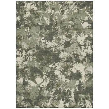 8' X 10' Olive Green And Ivory Floral Washable Indoor Outdoor Area Rug
