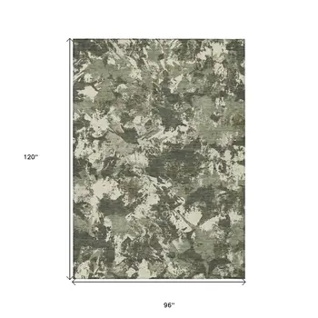 8' X 10' Olive Green And Ivory Floral Washable Indoor Outdoor Area Rug