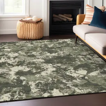 9' X 12' Olive Green And Ivory Floral Washable Indoor Outdoor Area Rug