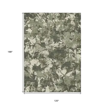 10' X 14' Olive Green And Ivory Floral Washable Indoor Outdoor Area Rug