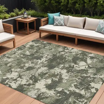 10' X 14' Olive Green And Ivory Floral Washable Indoor Outdoor Area Rug
