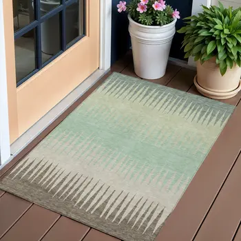 3' X 5' Artichoke Green Beige And Brown Striped Washable Indoor Outdoor Area Rug