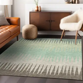 3' X 5' Artichoke Green Beige And Brown Striped Washable Indoor Outdoor Area Rug