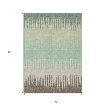 5' X 8' Artichoke Green Beige And Brown Striped Washable Indoor Outdoor Area Rug